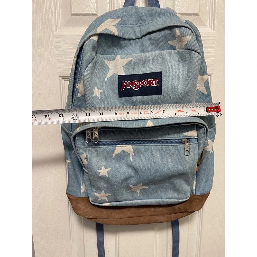 JanSport Right Pack Backpack Blue Denim Star Print Suede Bottom School Bag